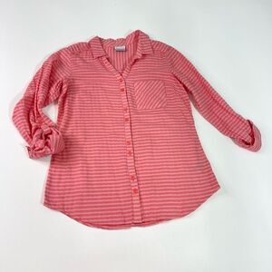 Columbia Long Sleeve Shirt Women's Small Stripes Collared Single Pocket Roll Tab